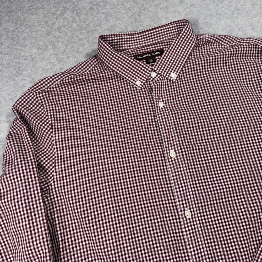 Michael Kors Button Down Men XL Burgundy Gingham Slim Fit Long Sleeve